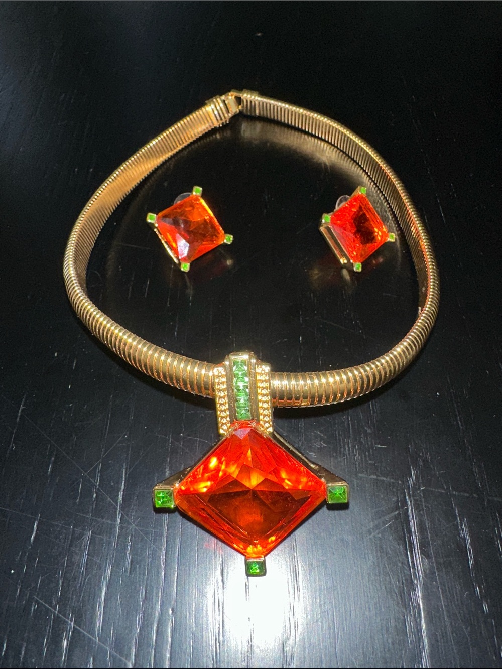 Gold-Tone Necklace & Earring Set with Orange and Green Stones